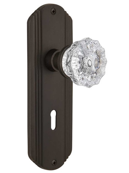 Streamline Moderne Mortise Lock Set With Fluted Crystal Door Knobs in Oil-Rubbed Bronze.